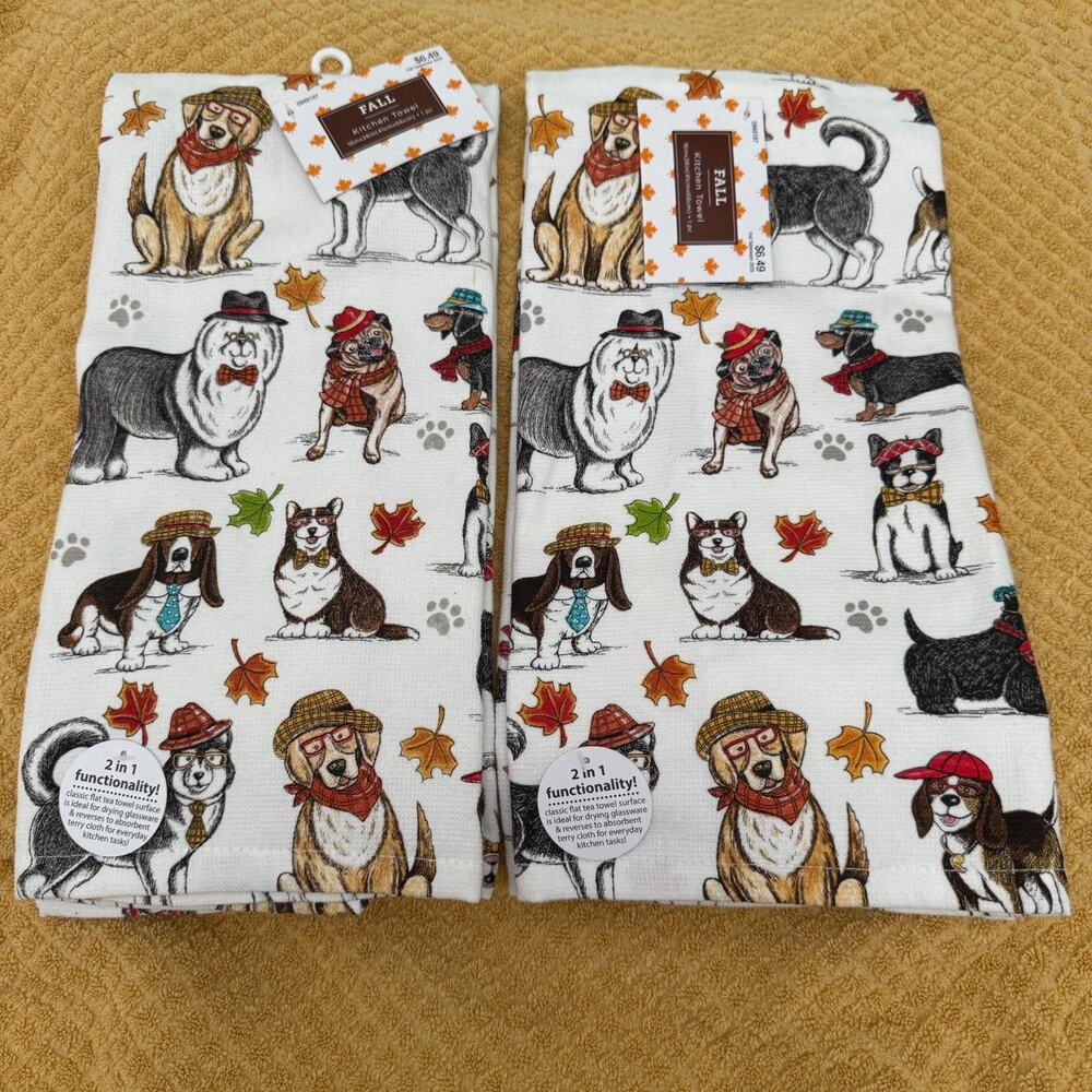 Hobby Lobby Dapper Dogs Autumn Fall Kitchen Towels 16"X26" NWT Set Of 2